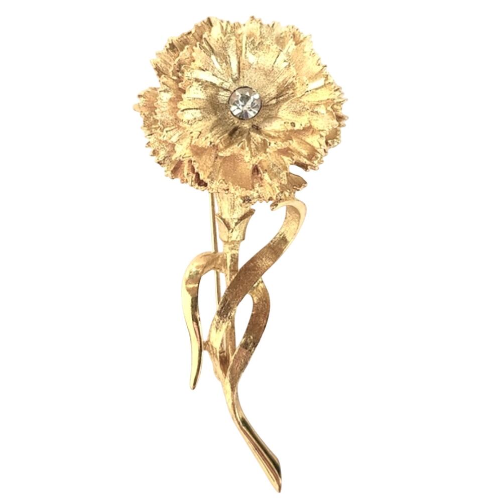 Vtg 1960s Gold Tone Rhinestone Carnation Pin Brooch